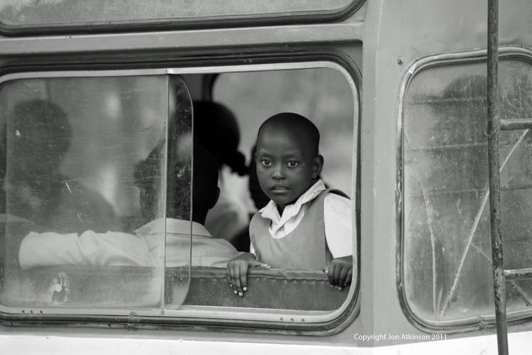 Child on bus, Tanzania.